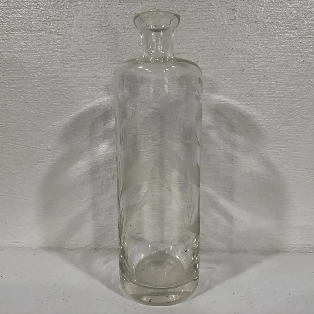 Vintage Etched Clear Glass Bottle Decanter Wheat Floral Pattern Antique Barware